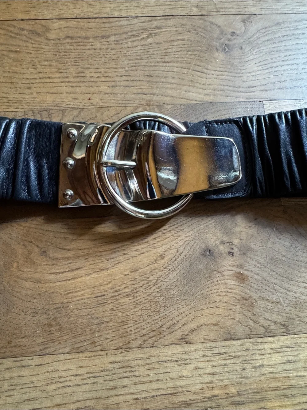 Black Ruched Stretch Belt with Silver Tone Buckle